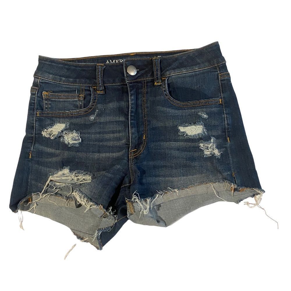 American Eagle Hi‎ Rise Shortie Denim Distressed Shorts Sz 6